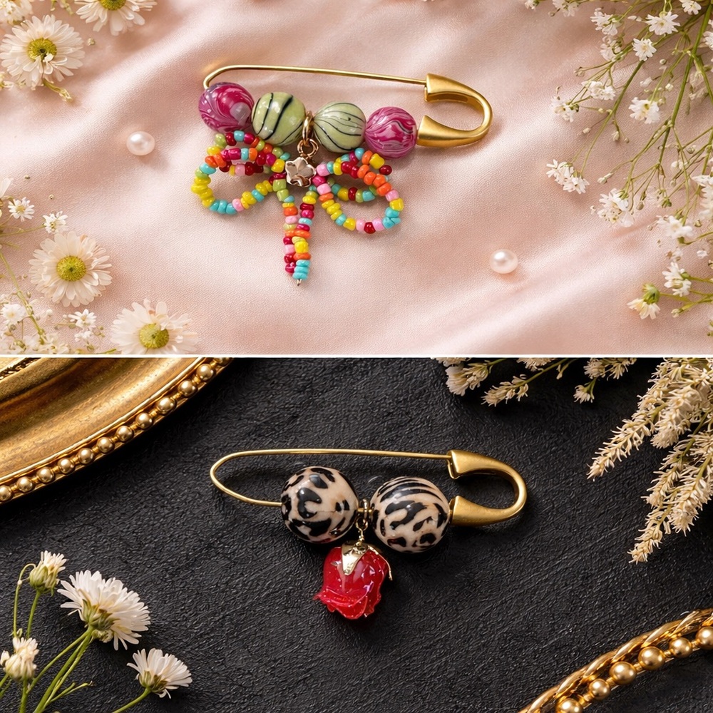 Safety Pin Brooch with Multicolor Beads and Pink Accents. Sold individually.